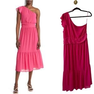 Chelsea 28 Pink Polka Dot One Shoulder Ruffle Feminine Midi Dress Womens Large